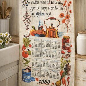 Vintage 1983 Linen Calendar Tea Towel Farmhouse Kitchen Decor